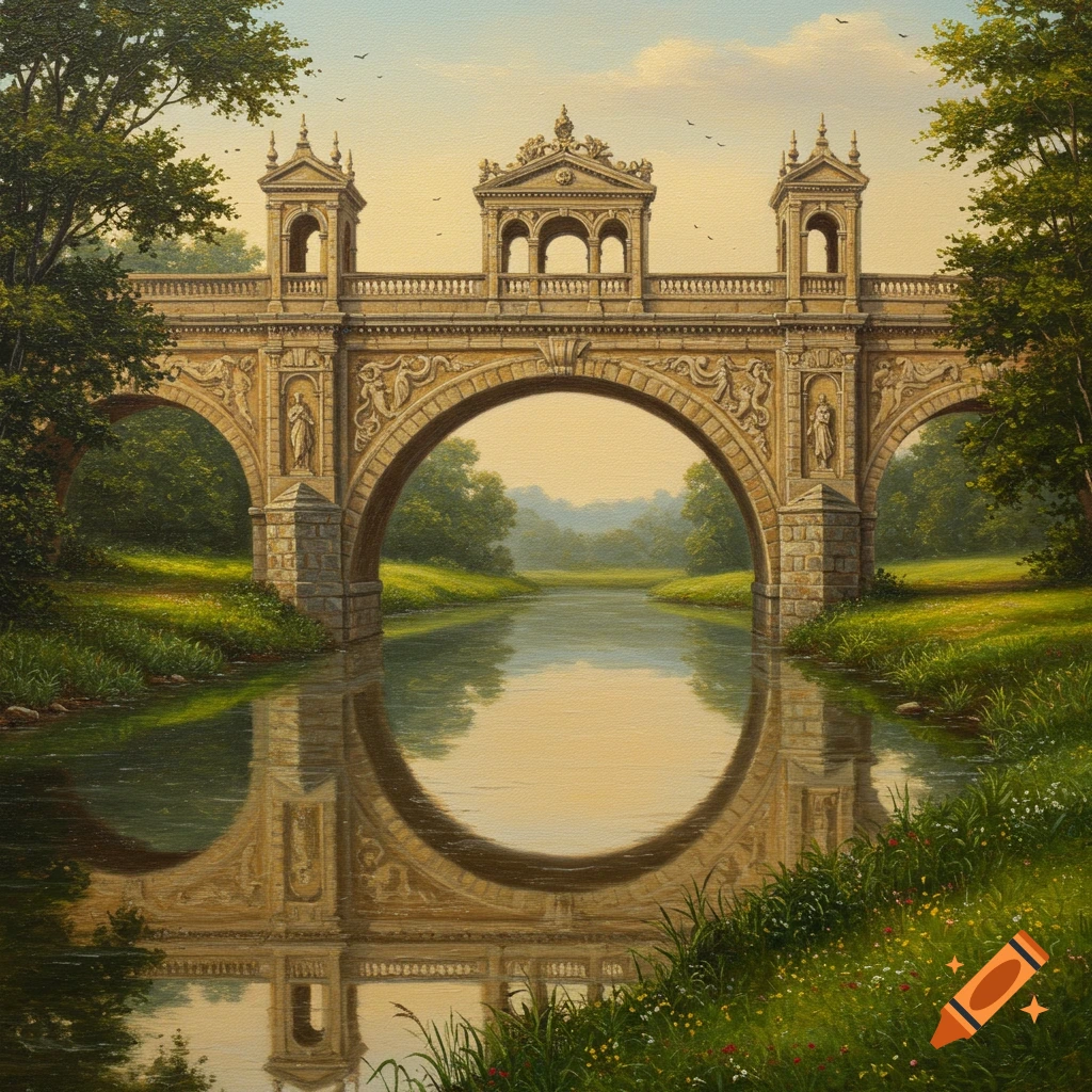 Painting in an 1800s style of a classical stone bridge over a river, with trees and greenery.
