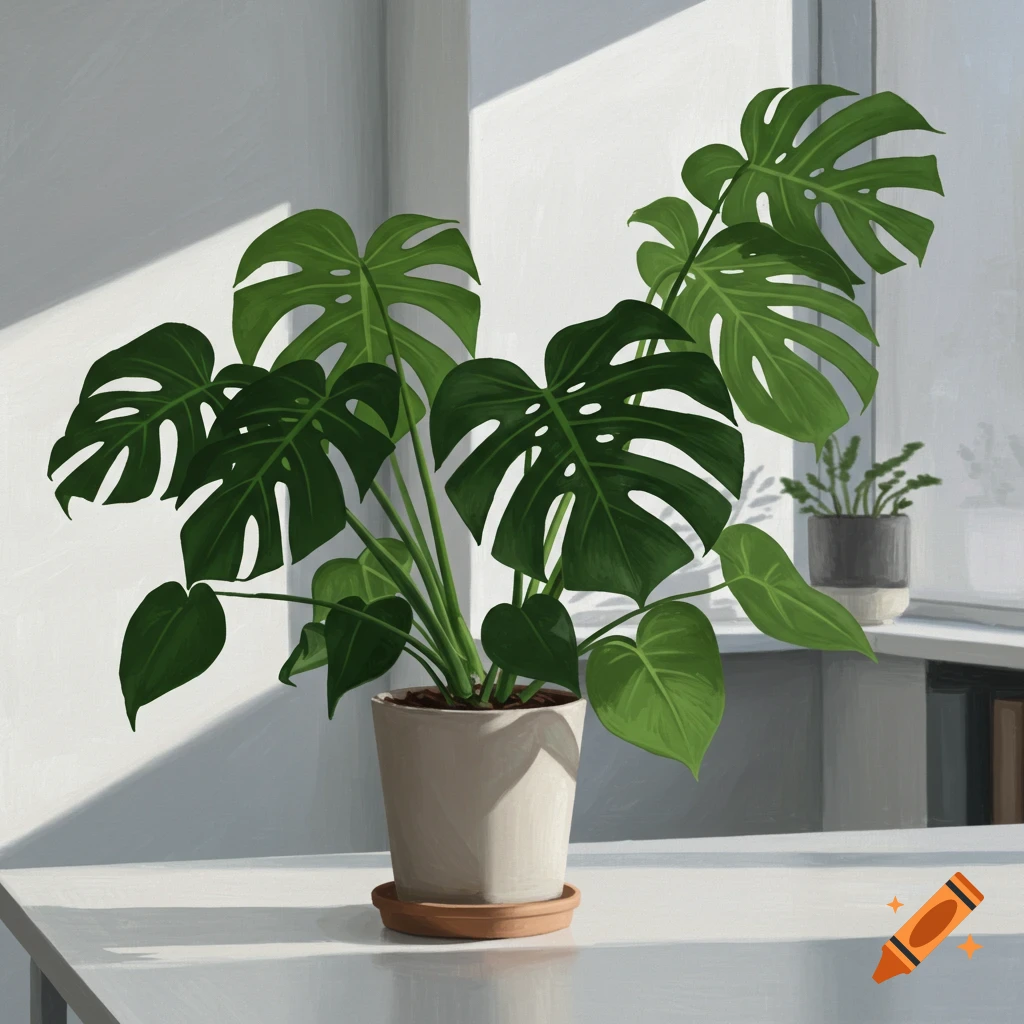 A large potted Monstera plant sits on a table near a window, illuminated by sunlight.