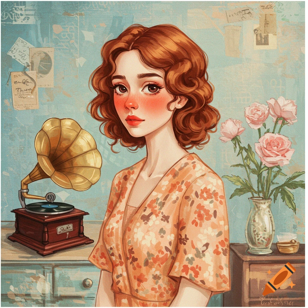A woman with a gramophone and roses in a vintage setting.