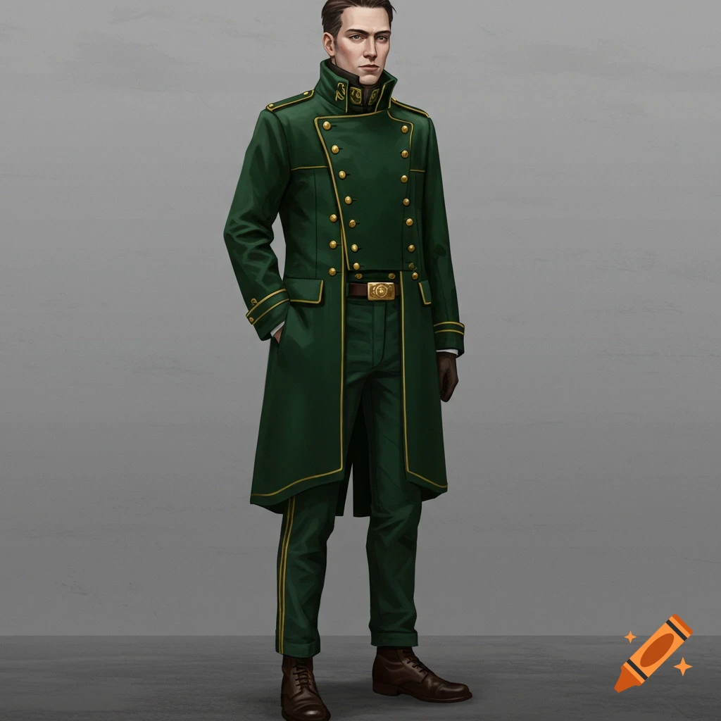 A man in a dark green military coat and trousers with gold trim. on Craiyon
