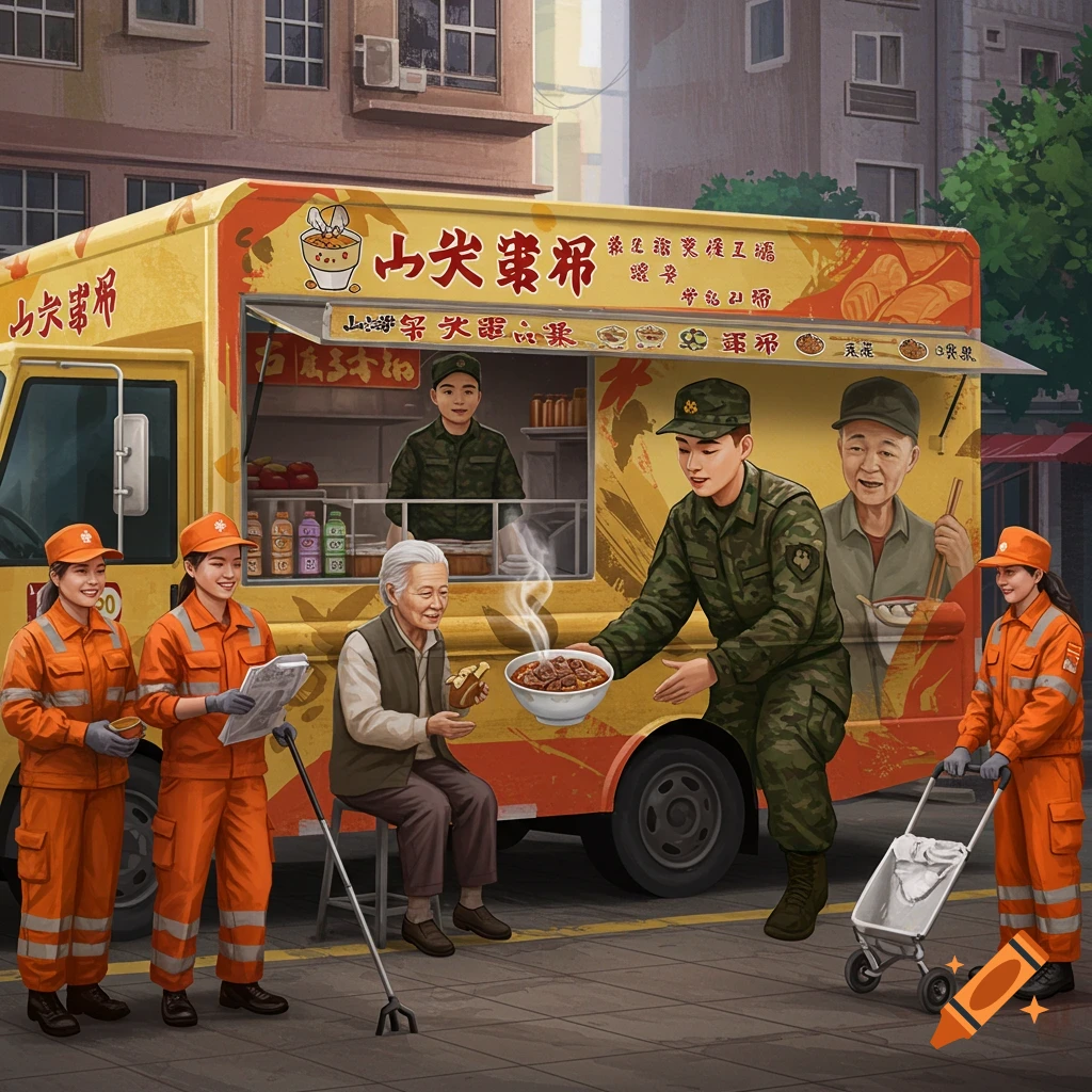A food truck on an urban street with soldiers, sanitation workers, and an elderly person.