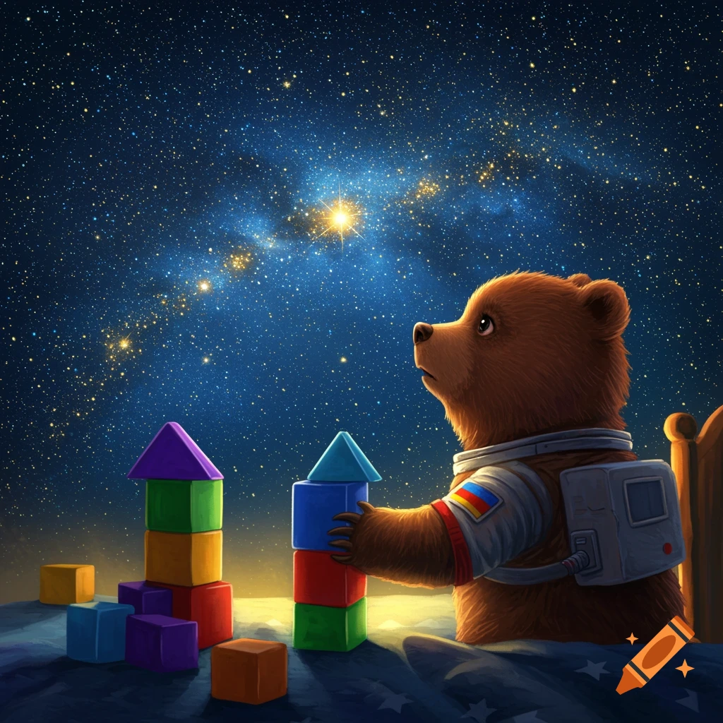 A bear cub in an astronaut suit looks up at the starry sky, sitting beside colorful block rockets.