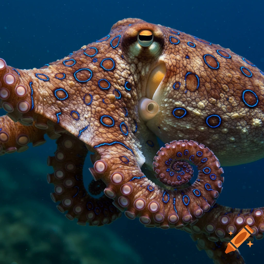 Close-up photorealistic image of a blue-ringed octopus underwater.