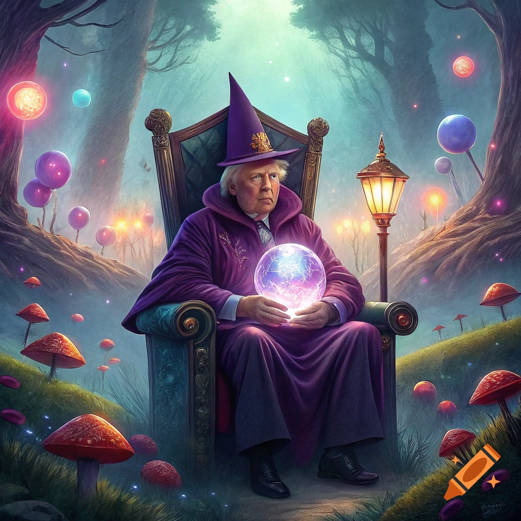 Man dressed as a wizard sits on a throne holding a glowing orb in a fantasy forest with mushrooms and glowing lights.