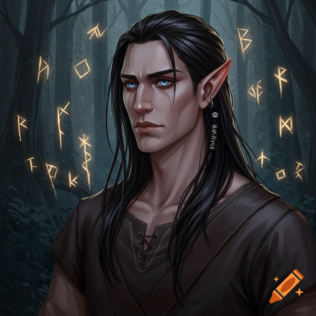portrait of a male elf with long black hair and blue eyes in a forest with runes.