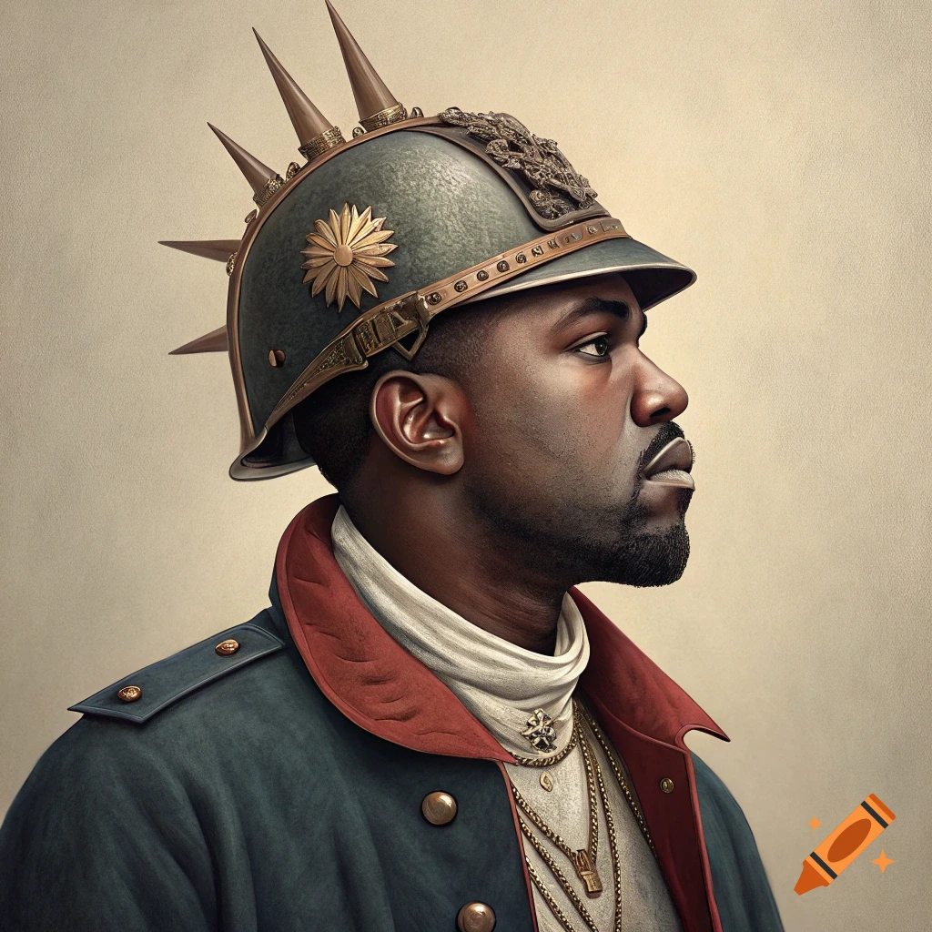 Portrait of Kanye West wearing a Pickelhaube helmet and military coat.
