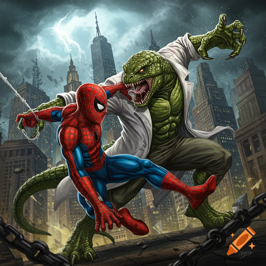 Spider-Man fighting The Lizard on a rainy rooftop.