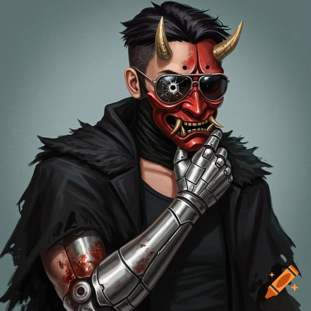 A person is wearing a red Oni mask, broken sunglasses, torn black cloak, and rusted cybernetic arm.