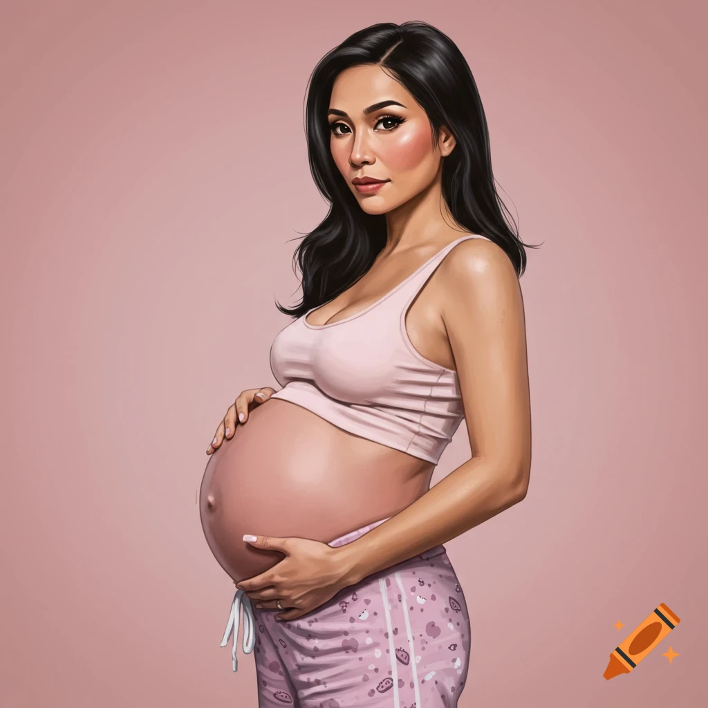 A pregnant woman holds her belly while wearing a pink crop top and patterned pajama pants.