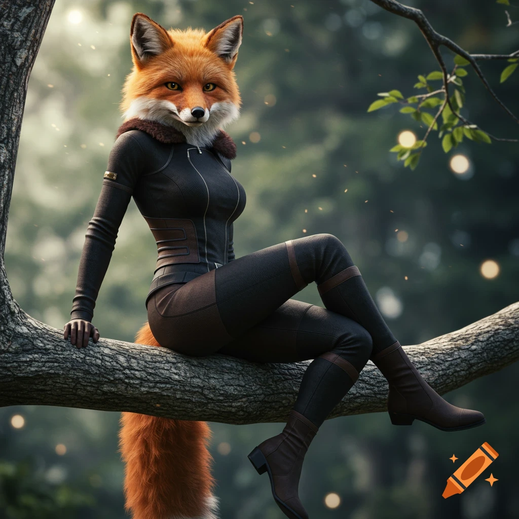 Anthropomorphic fox in a dark suit sits on a tree branch in a forest.