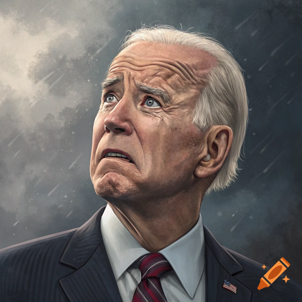 Stylized portrait of Joe Biden looking afraid under a stormy sky with falling debris.