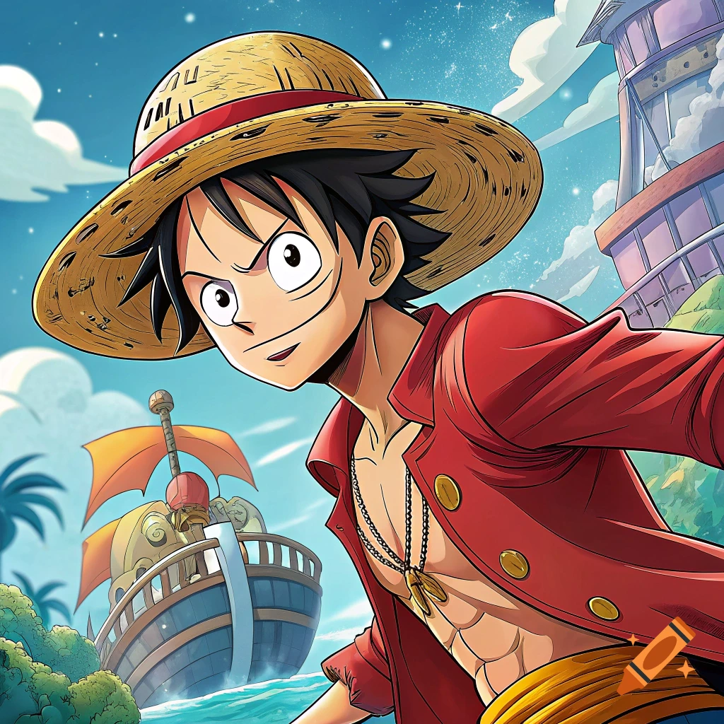 Anime style illustration of Luffy from One Piece with his straw hat, red shirt, in front of his ship and an island.