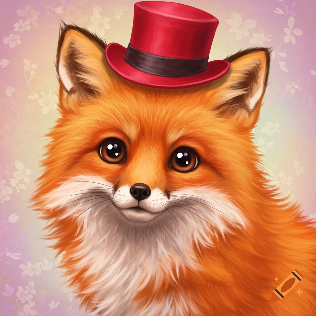 A cute fox wearing a red top hat