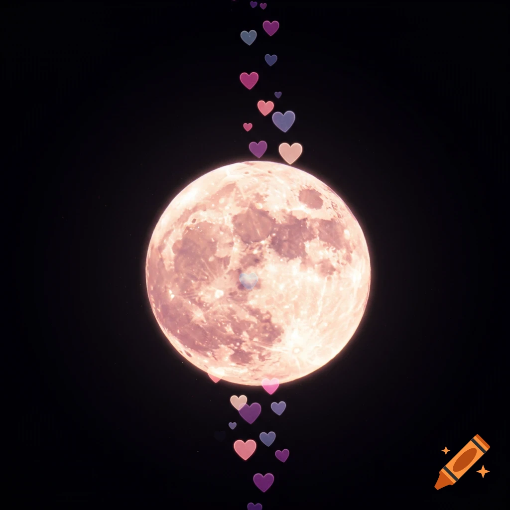 A full moon with colorful hearts floating around it.
