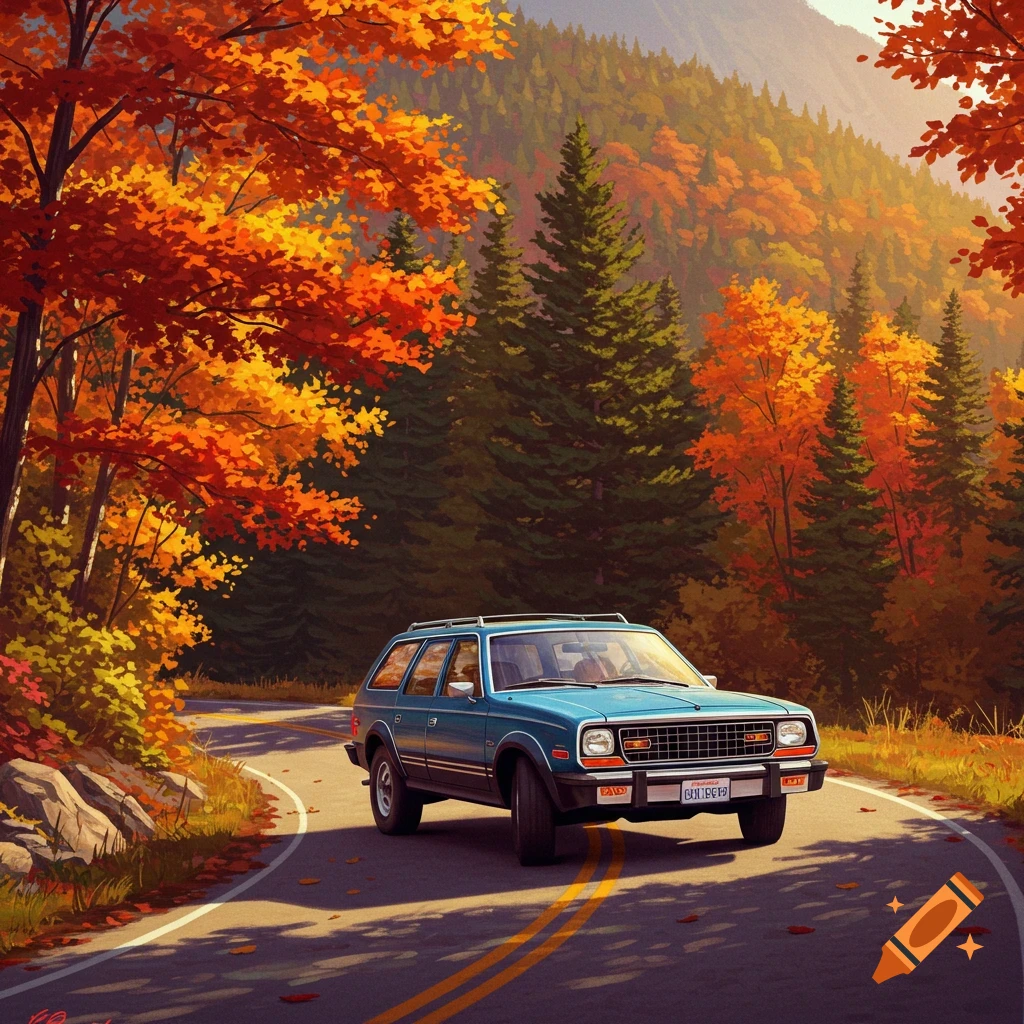 A blue AMC Eagle wagon drives on a winding mountain road through vibrant autumn trees.