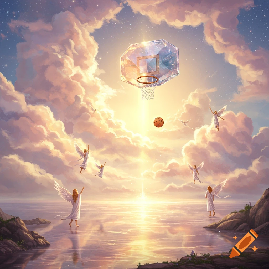 Angels around a crystal basketball hoop in a heavenly sky over water.