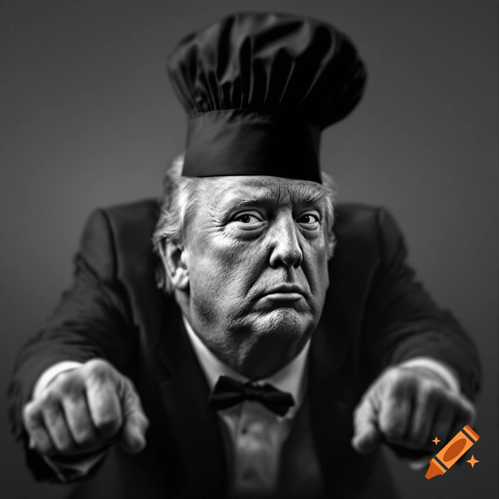 Black and white portrait of Donald Trump in a chef's hat and suit, pointing.