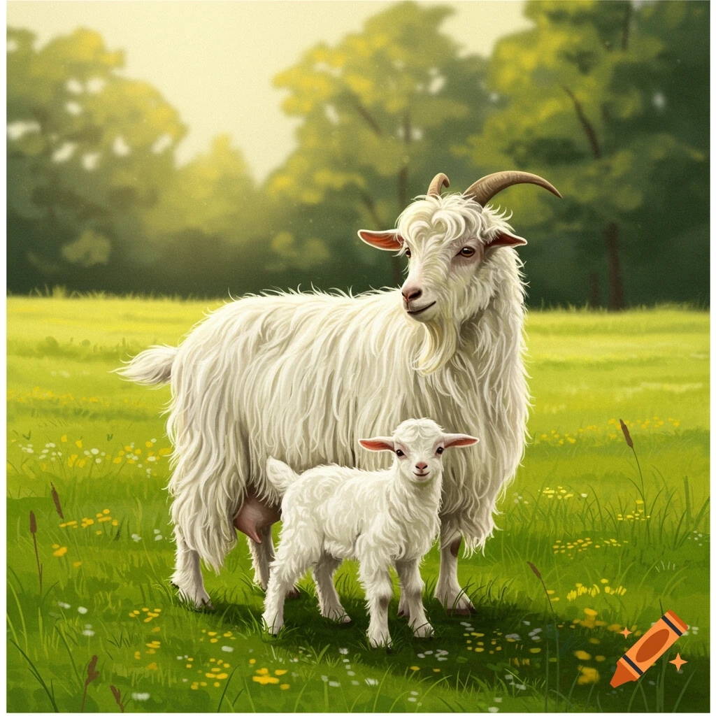 A mother angora goat and her kid standing in a lush green meadow.
