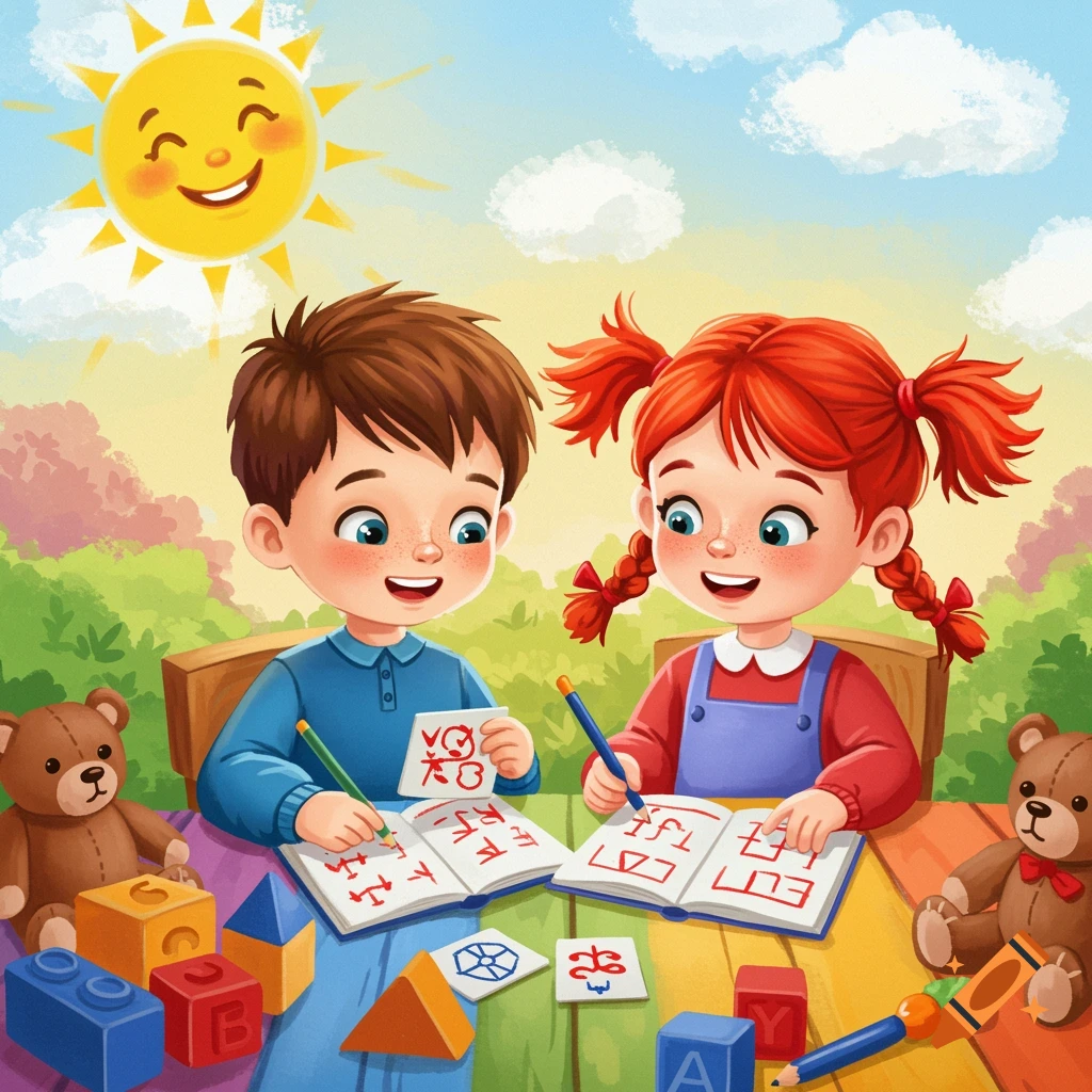 Cartoon illustration of two happy children studying outdoors with books, toys, and a smiling sun.