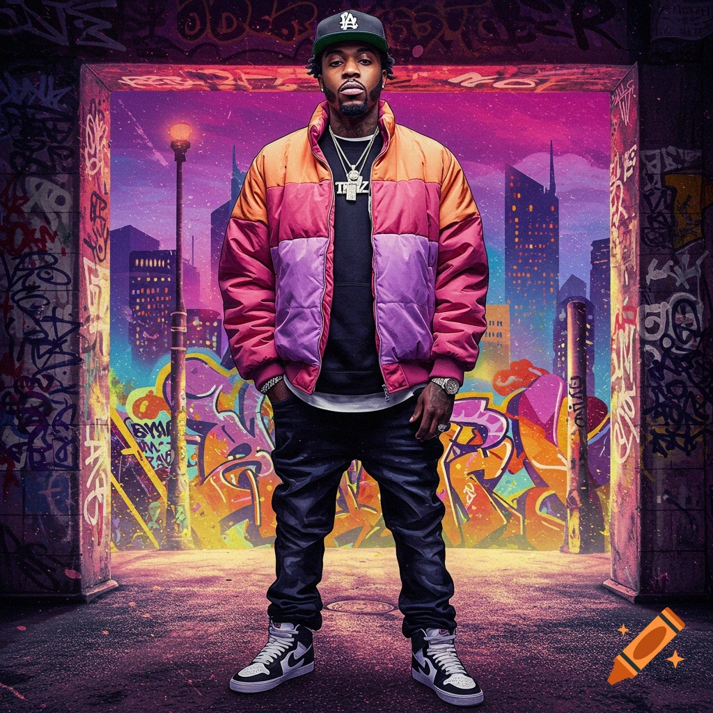 A person in a colorful puffer jacket stands in front of graffiti and a city skyline.