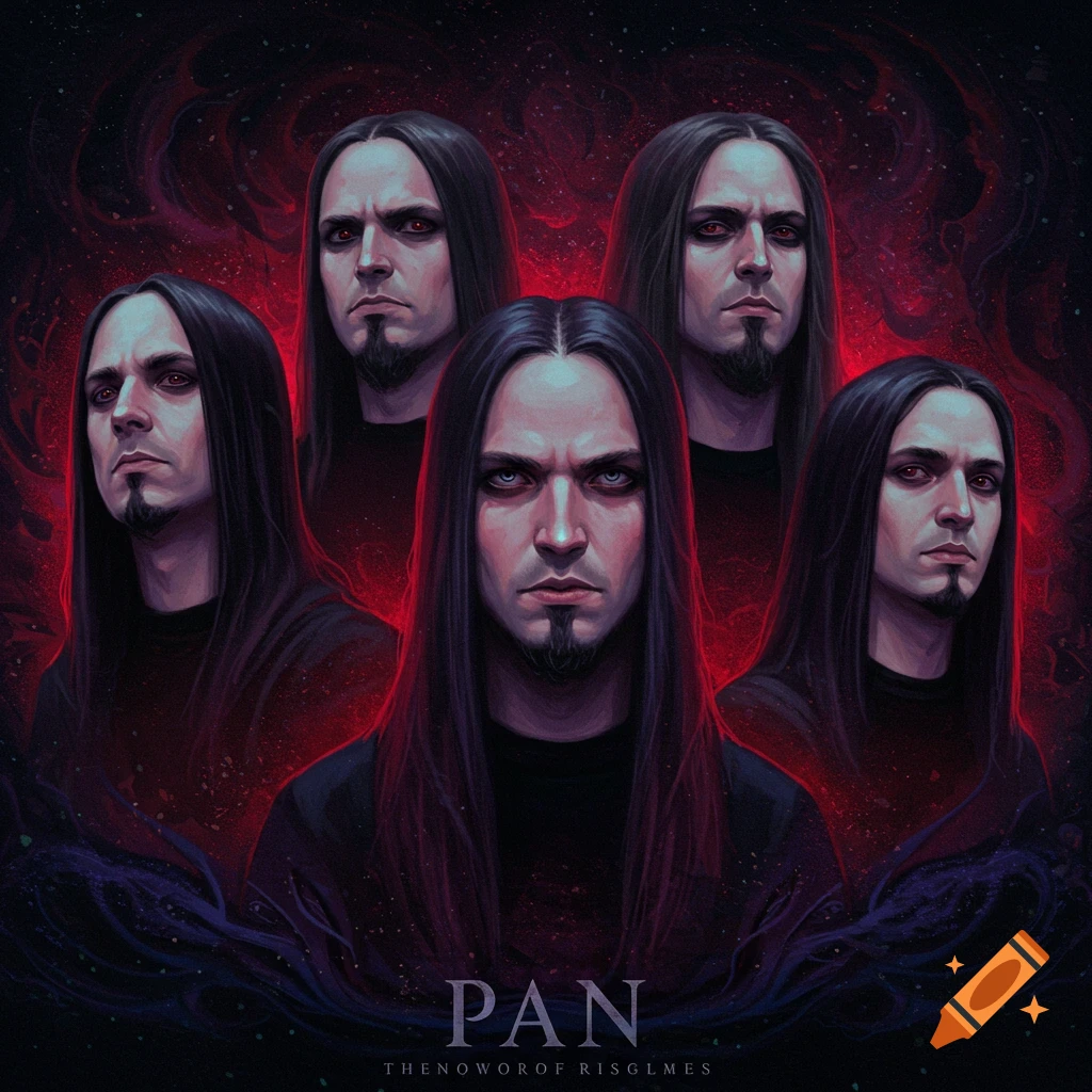 Five men with long hair and goatees stand against a dark red background, with text at the bottom.