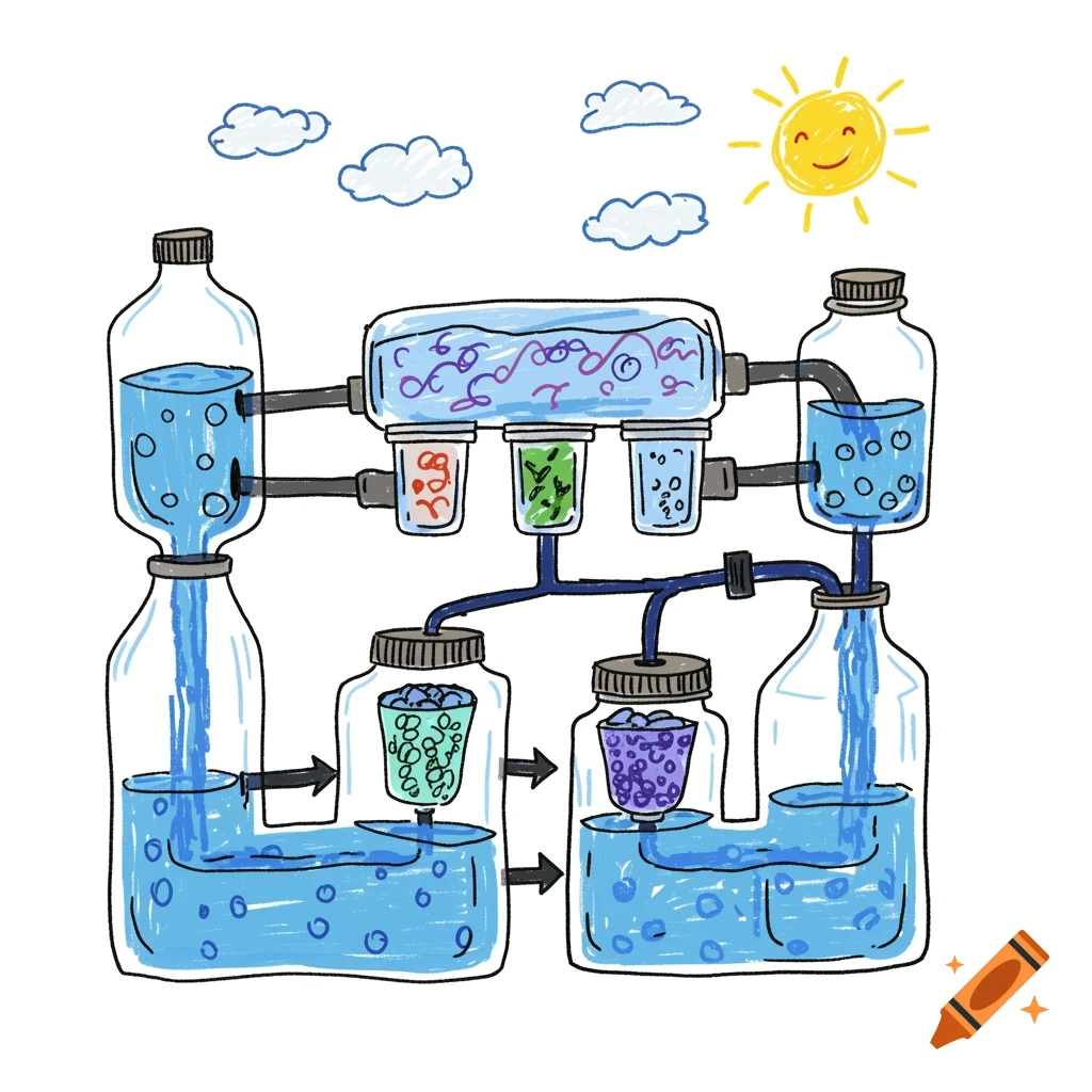 Childlike drawing of a water filtration system using bottles and filters, with flowing blue water and a sun.
