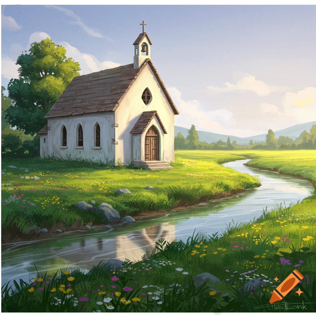 A small white church stands by a river in a grassy field.