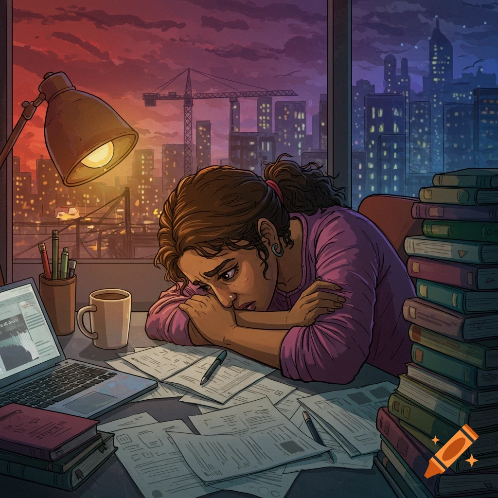 An overwhelmed student sits at a desk overflowing with papers and books, a cityscape visible through a window.
