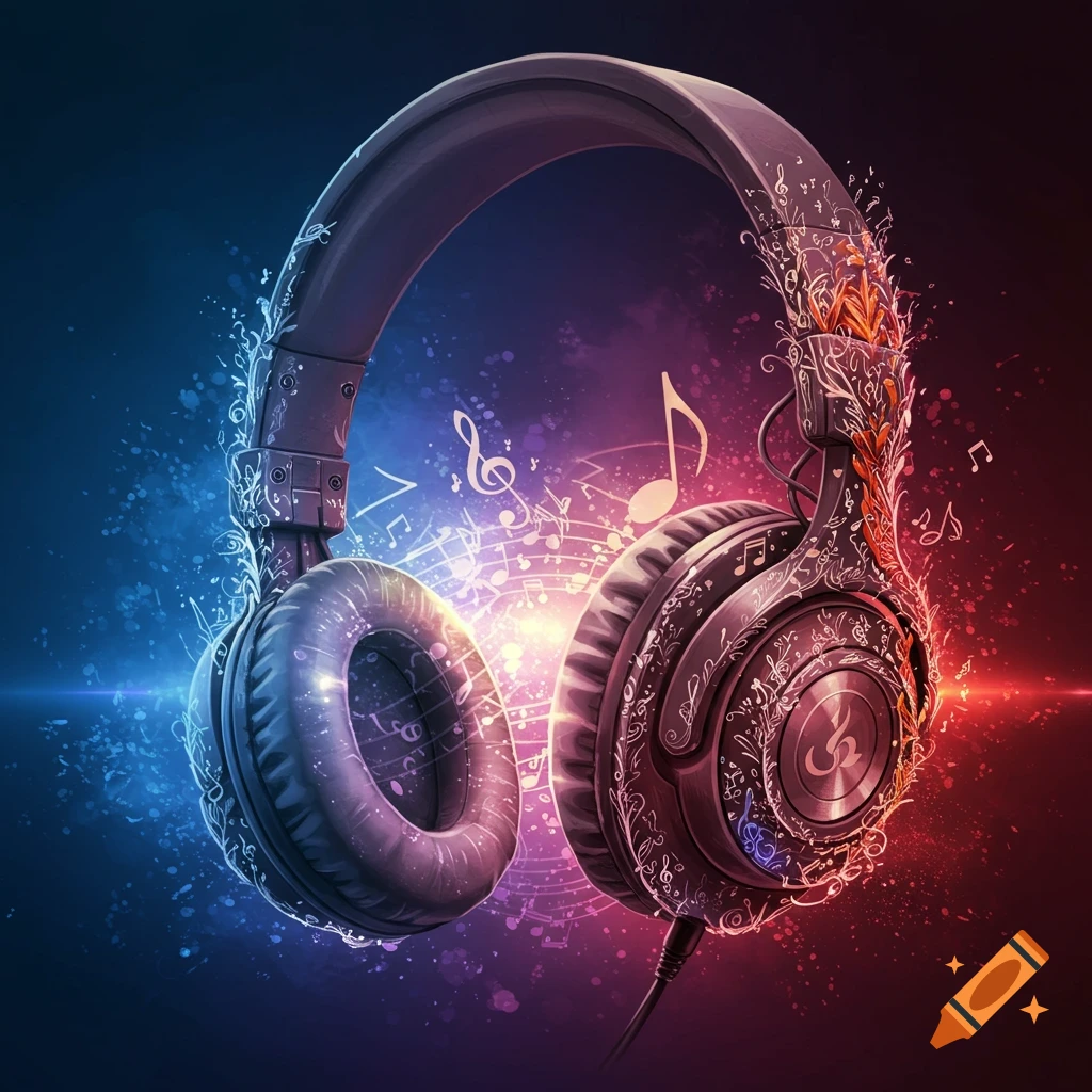 Headphones decorated with musical notes and swirling patterns, illuminated by blue and red light.