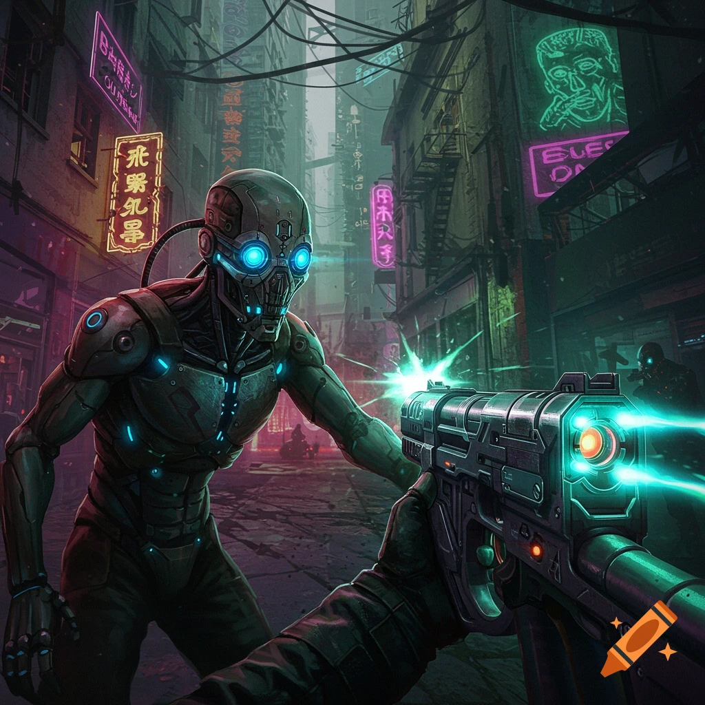 First-person view firing a gun at a robot in a cyberpunk city street.