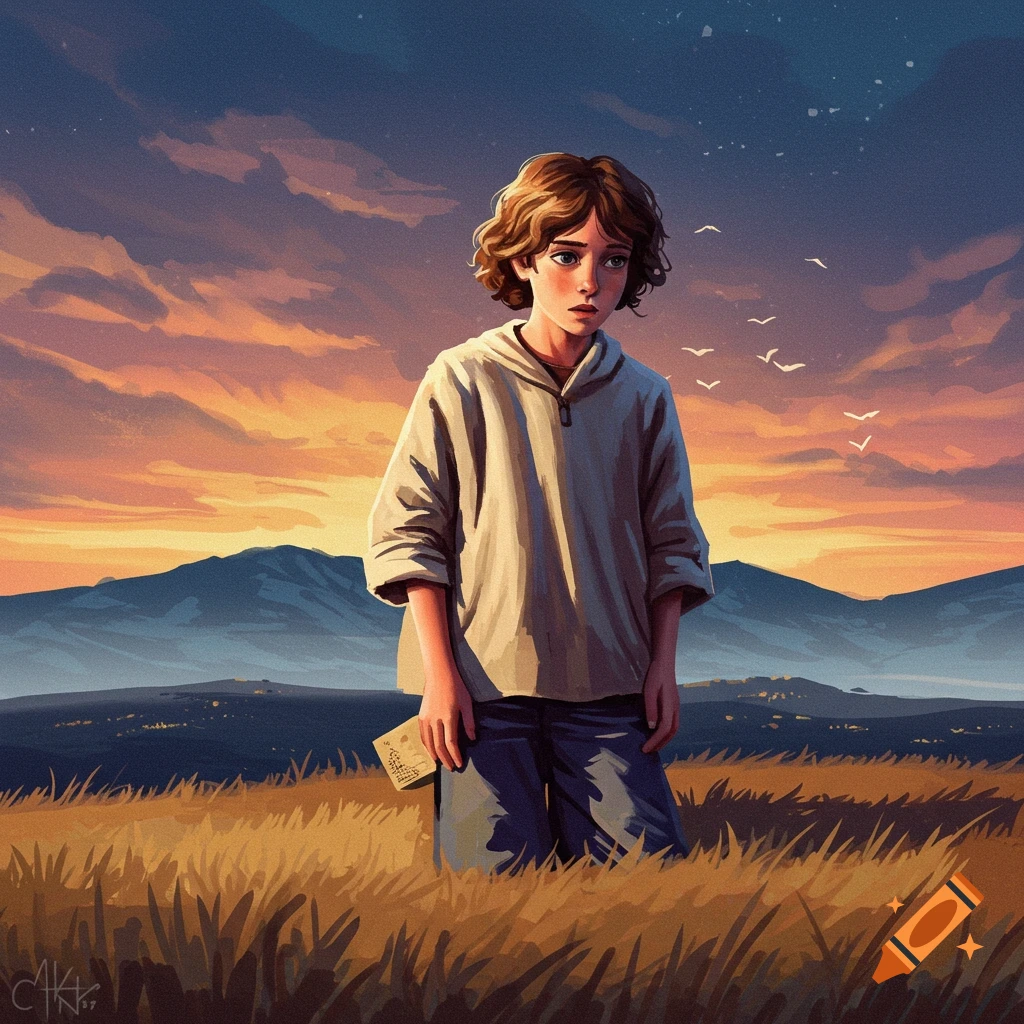 A boy stands in a field at sunset, holding a small card.