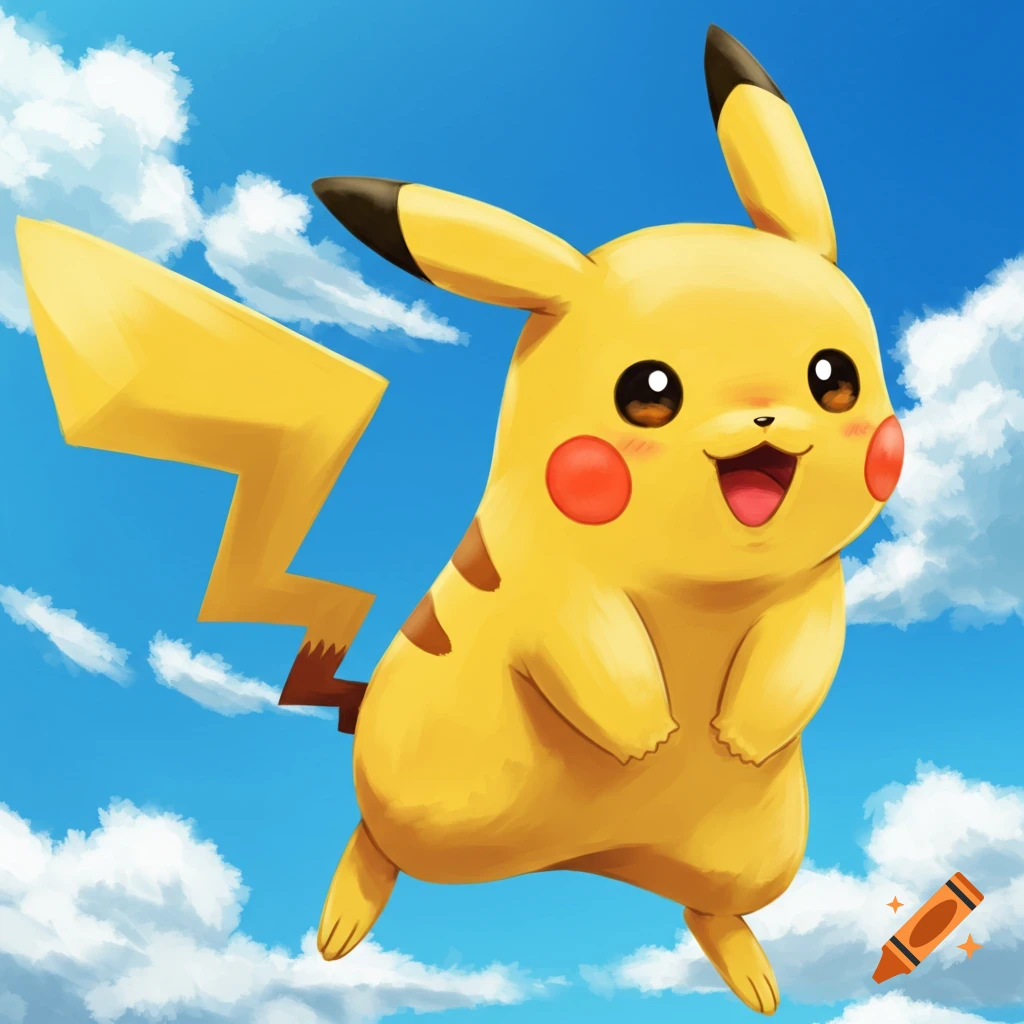 Pikachu floating in a blue sky with clouds.