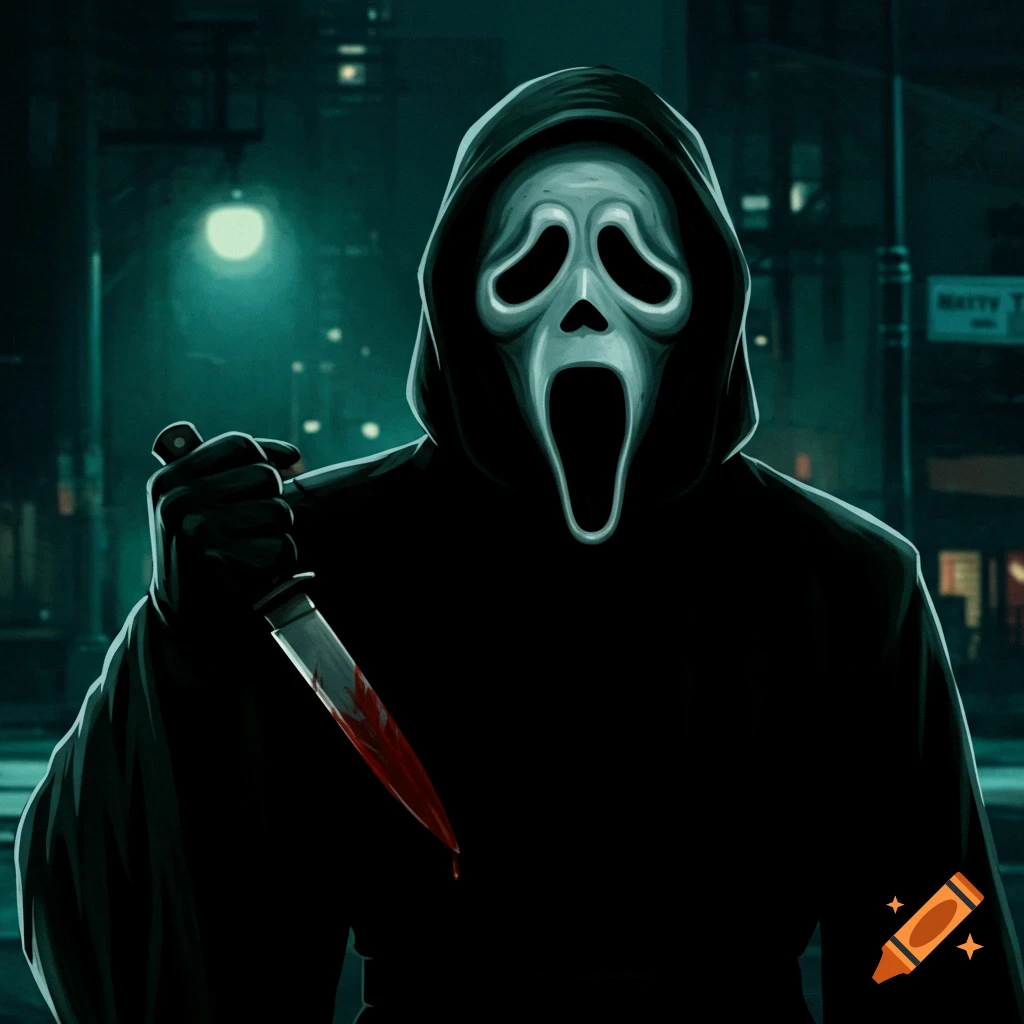 Ghostface holding a bloody knife in a dark street.