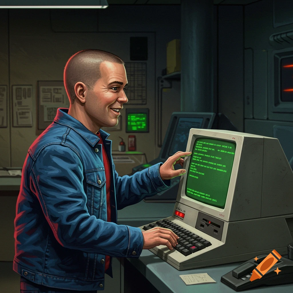 Illustration of a man smiling while working at an 80s computer terminal.