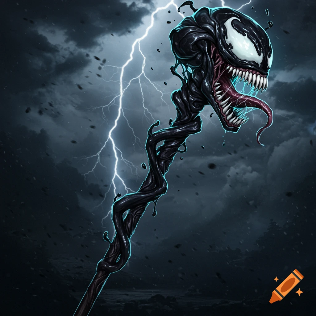 A twisted black staff topped with a fanged Venom-like creature head, set against a stormy sky with lightning.