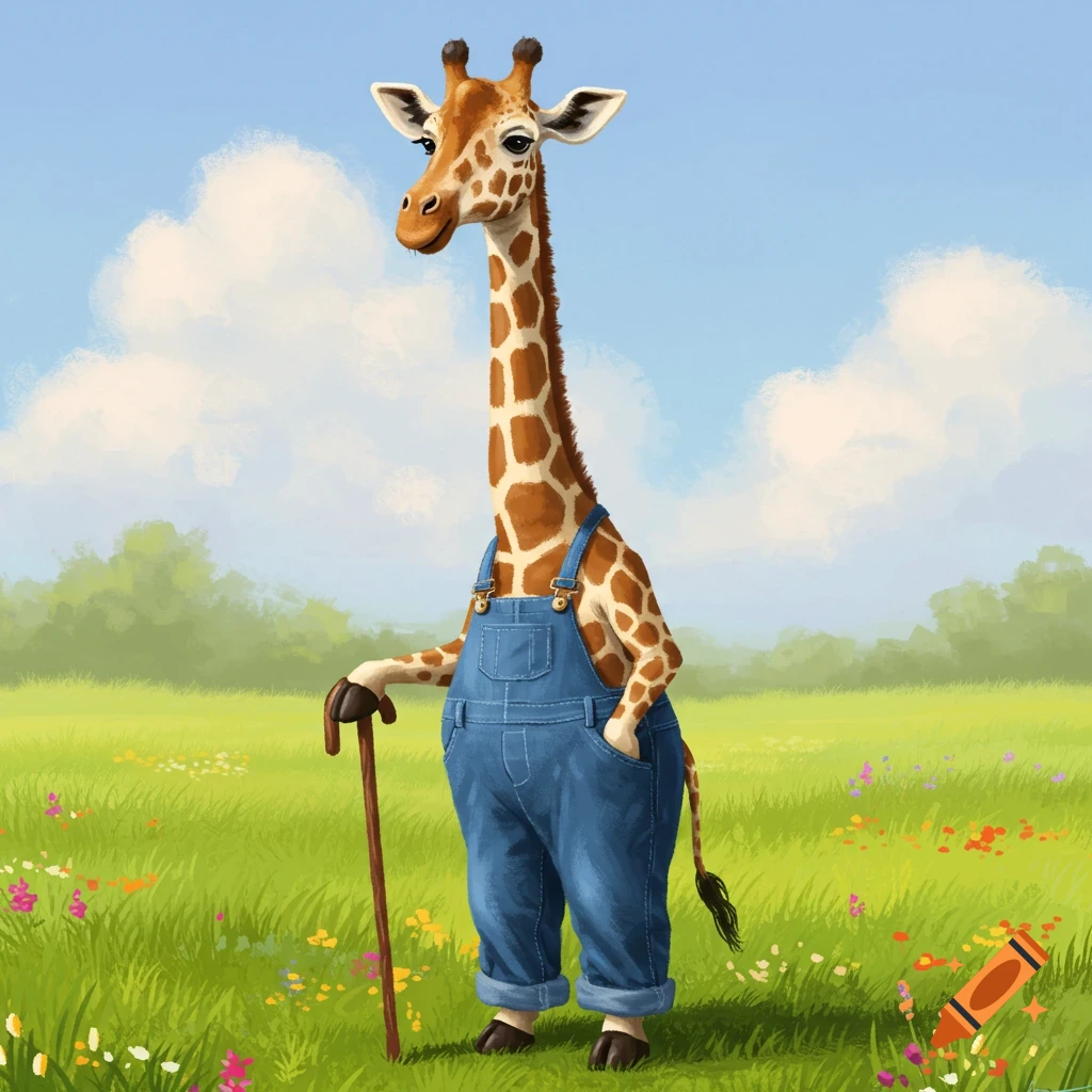 A giraffe wearing blue denim overalls and holding a walking cane in a grassy field with flowers.