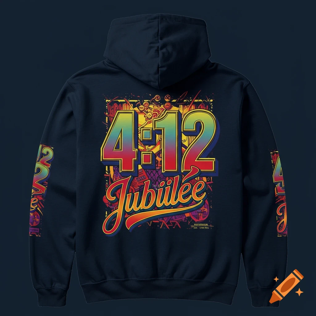 Dark blue hoodie with a colorful graphic design on the back featuring '4:12 Jubilee' in an abstract style, and graphics on the sleeves.