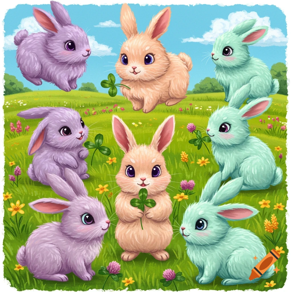 Seven cute purple, orange, and green bunnies in a sunny grassy field with flowers and clovers.
