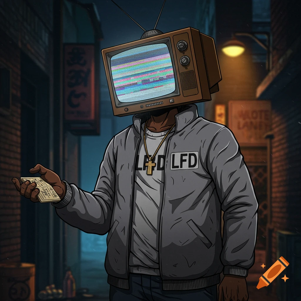 Anime style illustration of a person with a TV head holding a paper, wearing a grey jacket in a dark alley.