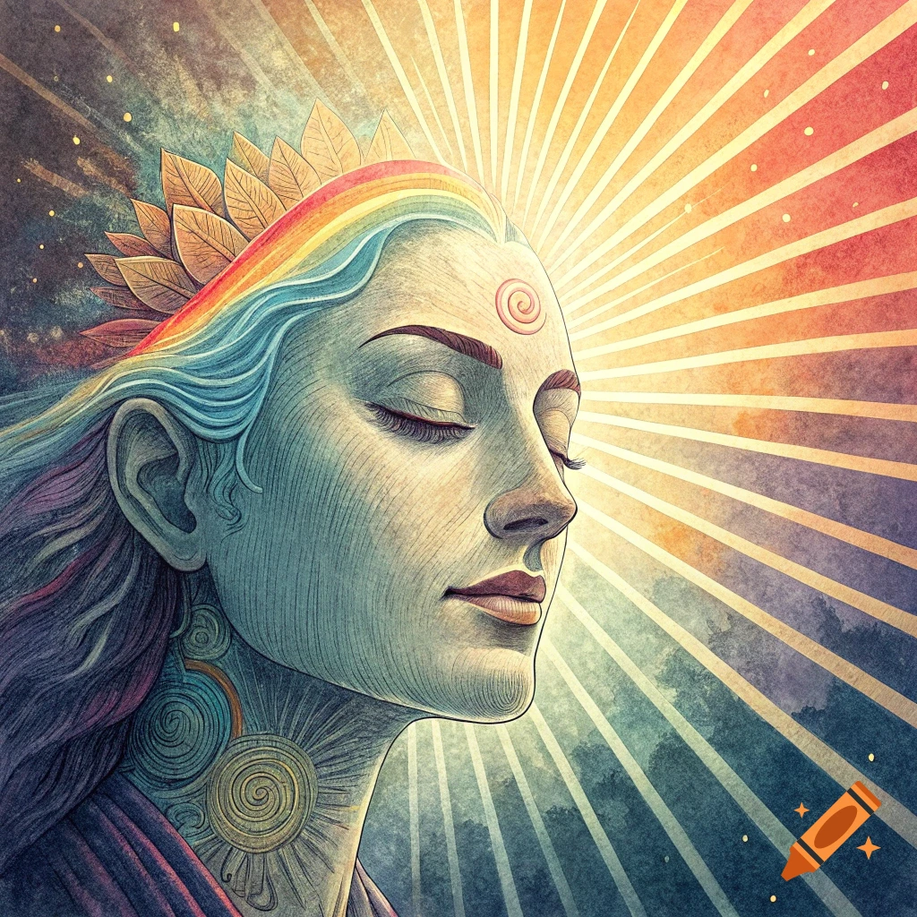 Profile illustration of a person with eyes closed, sun rays behind them, and a rainbow in their hair.