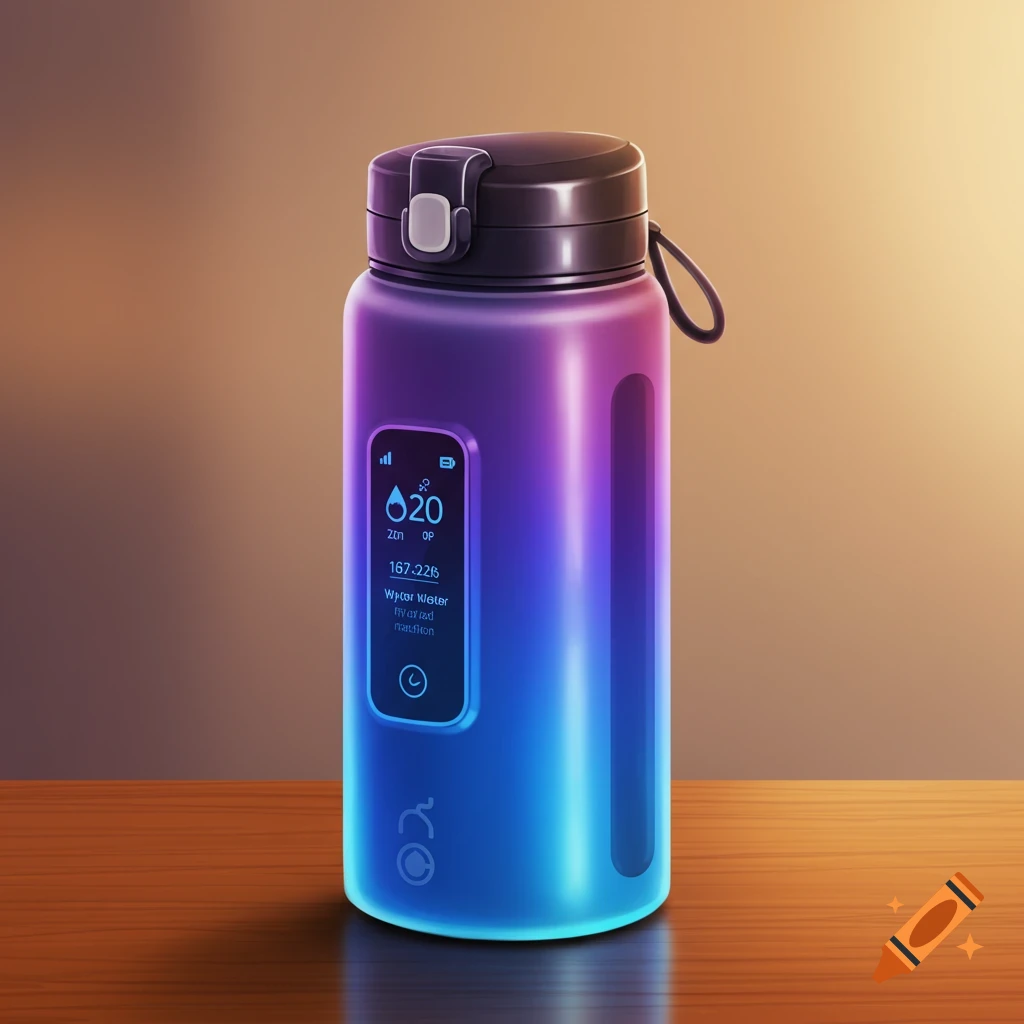 A smart water bottle with a display showing numbers, symbols, and garbled text.