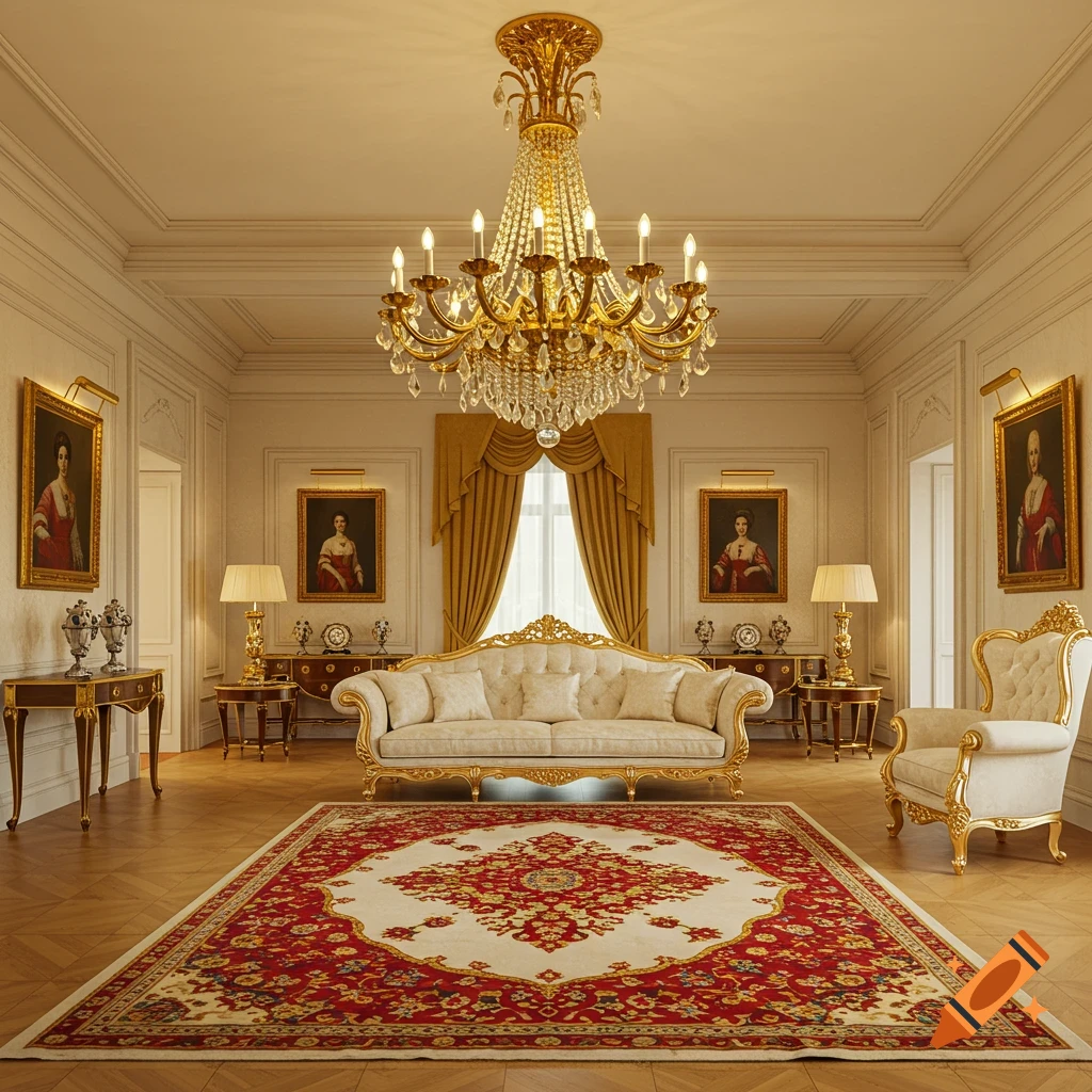 Luxurious mansion living room with a gold chandelier, white and gold sofa and armchair, and a red and white rug.