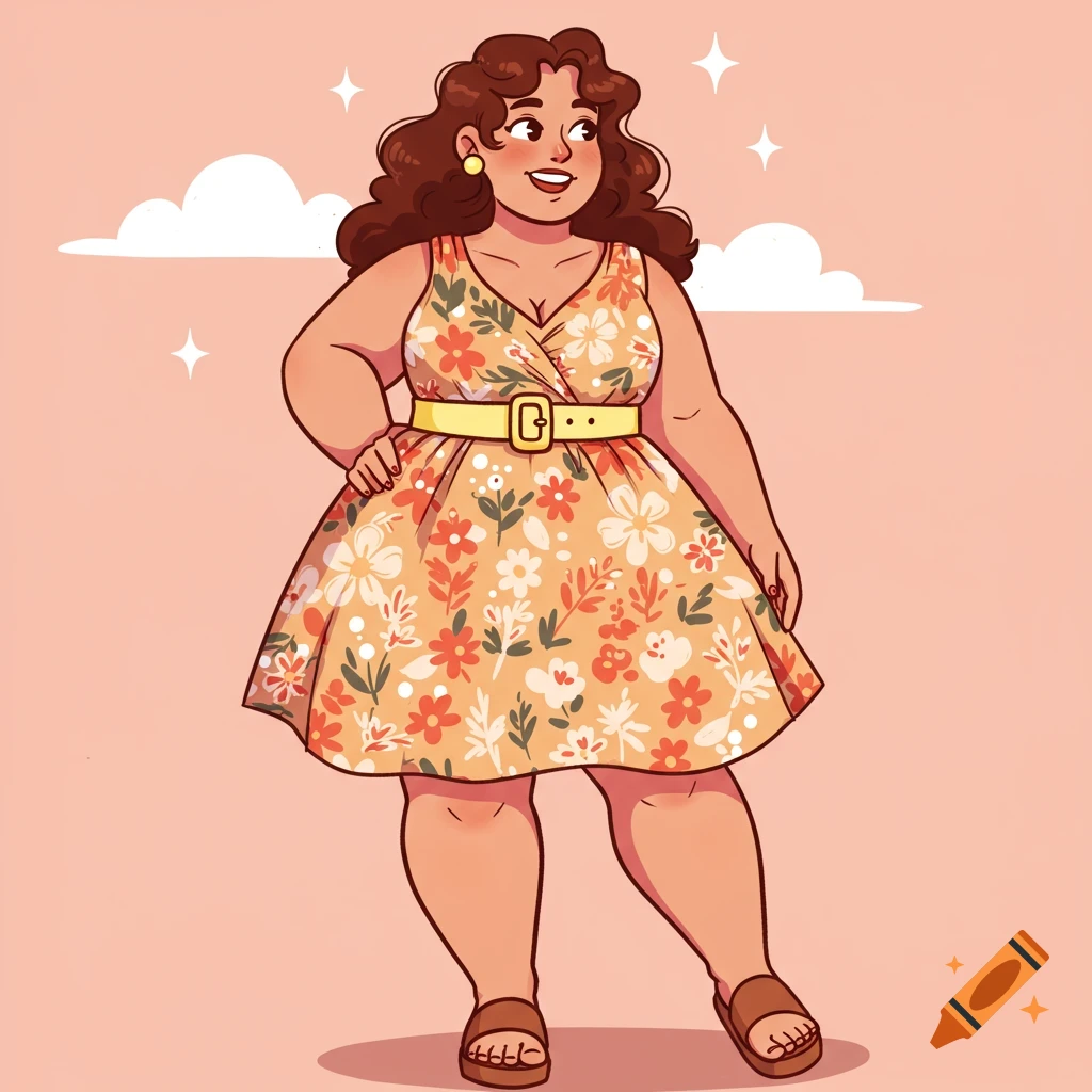 Cartoon drawing of a smiling plus-size woman with brown hair wearing a floral dress and sandals.