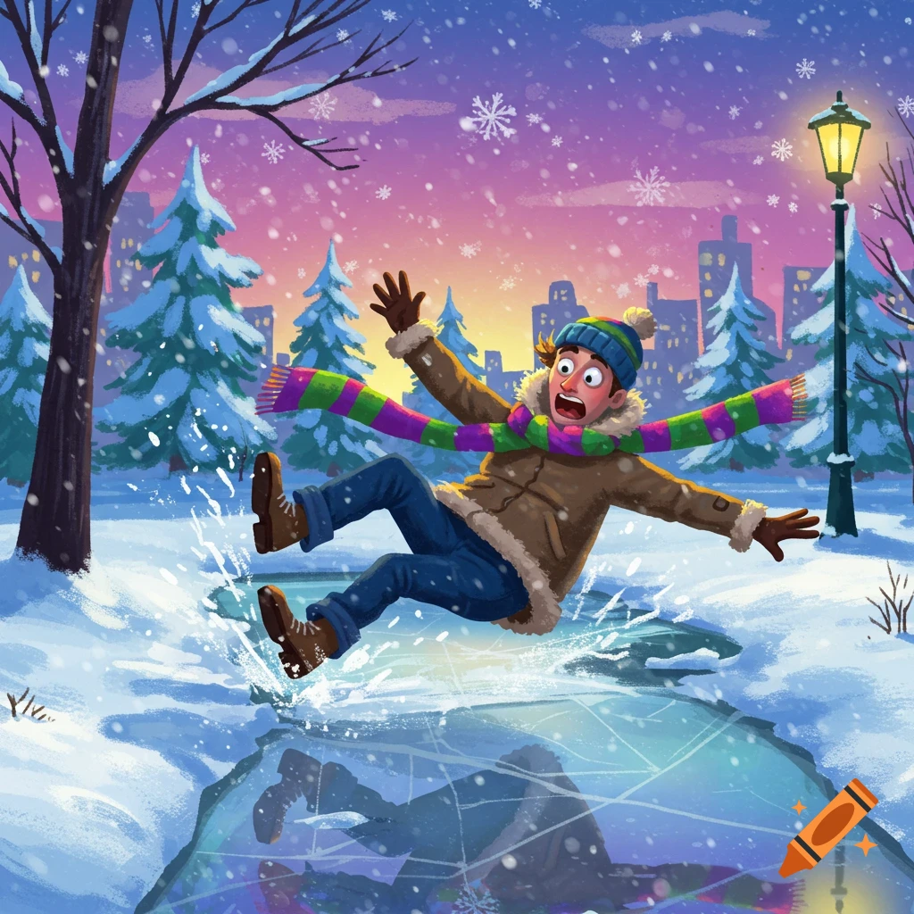 Cartoon of a man slipping and falling dramatically on cracked ice in a snowy park.