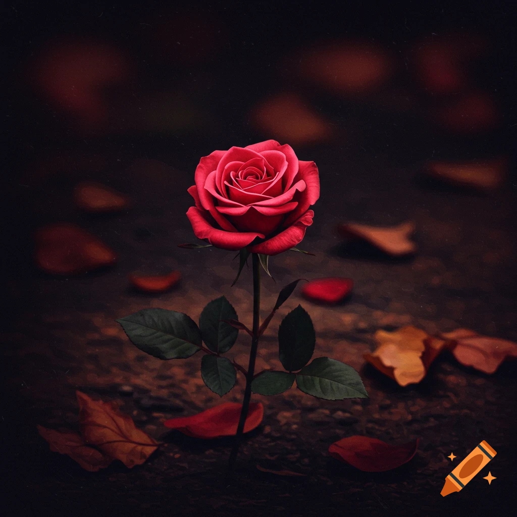 A single red rose on dark ground with fallen leaves and petals