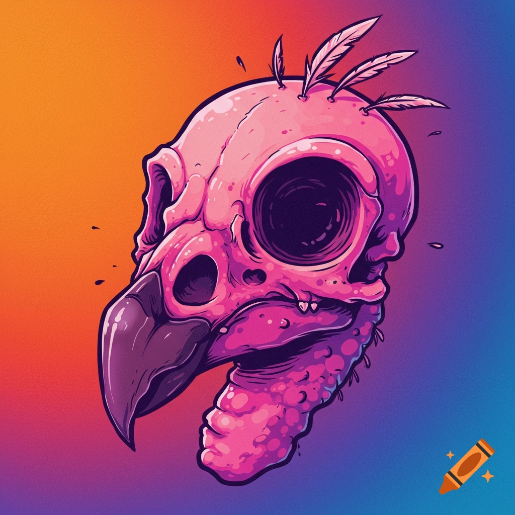Cartoon illustration of a pink condor skull with feathers on a gradient background.