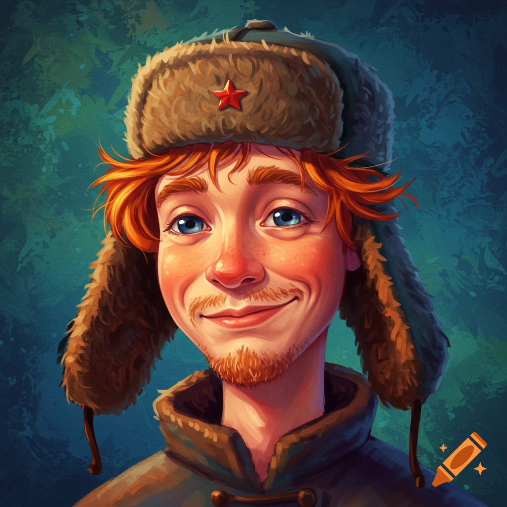 Portrait of a young man in a fur hat with a red star, smiling.