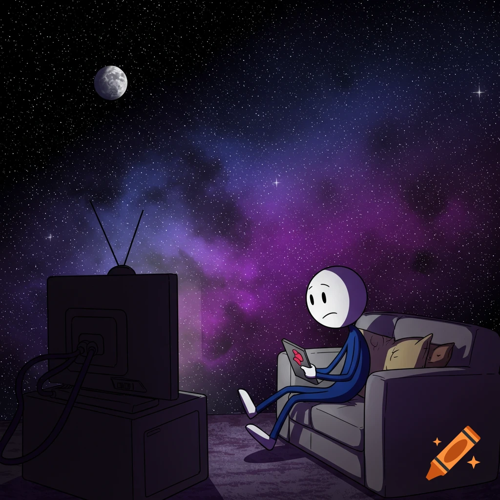 Cartoon stickman sits on a couch watching TV in the vastness of space.