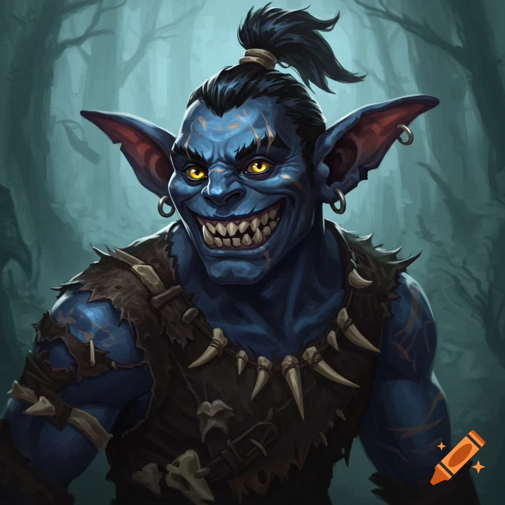A blue hobgoblin with sharp teeth and yellow eyes stands in a forest.