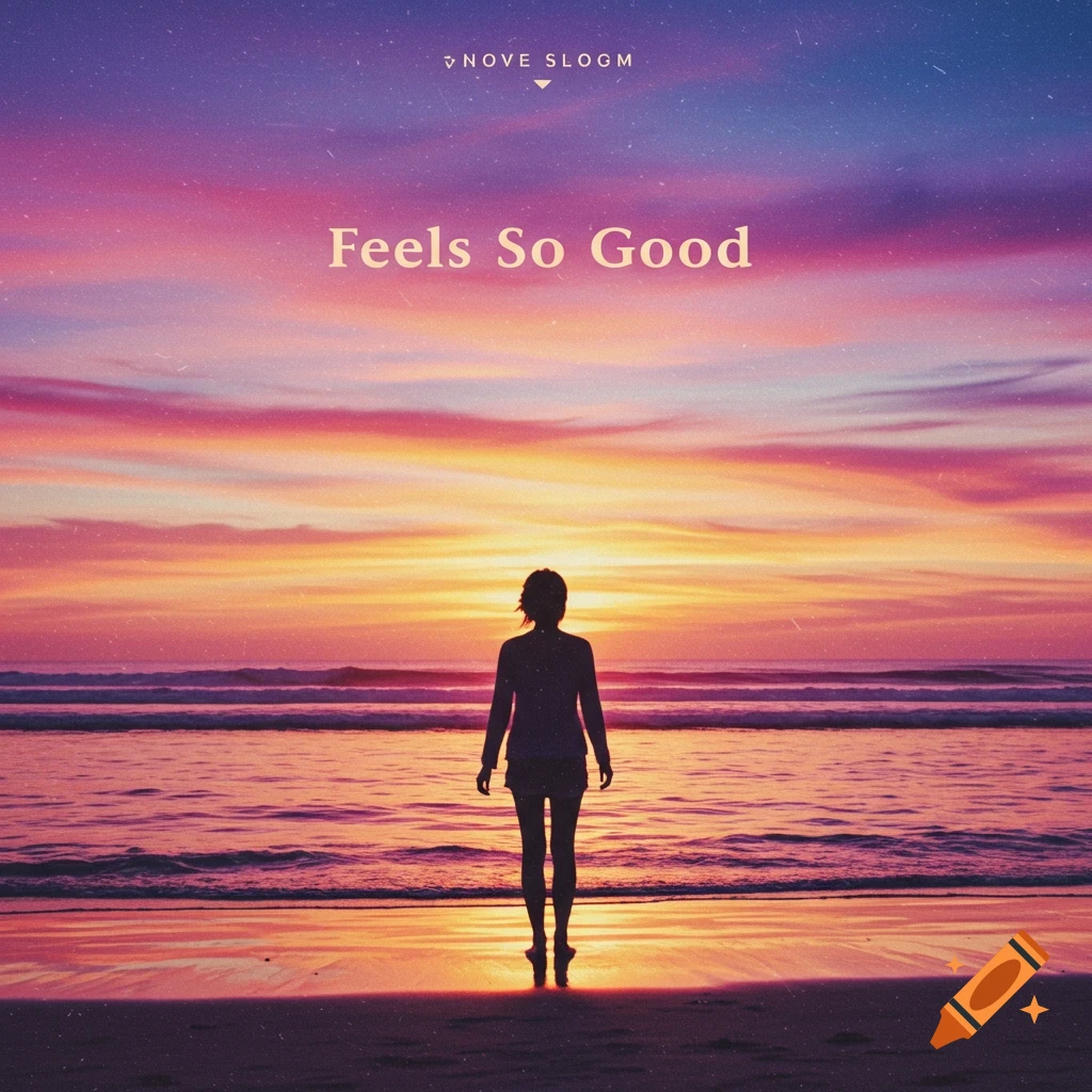 A person's silhouette stands on a beach at sunset, with the text 'Feels So Good'.